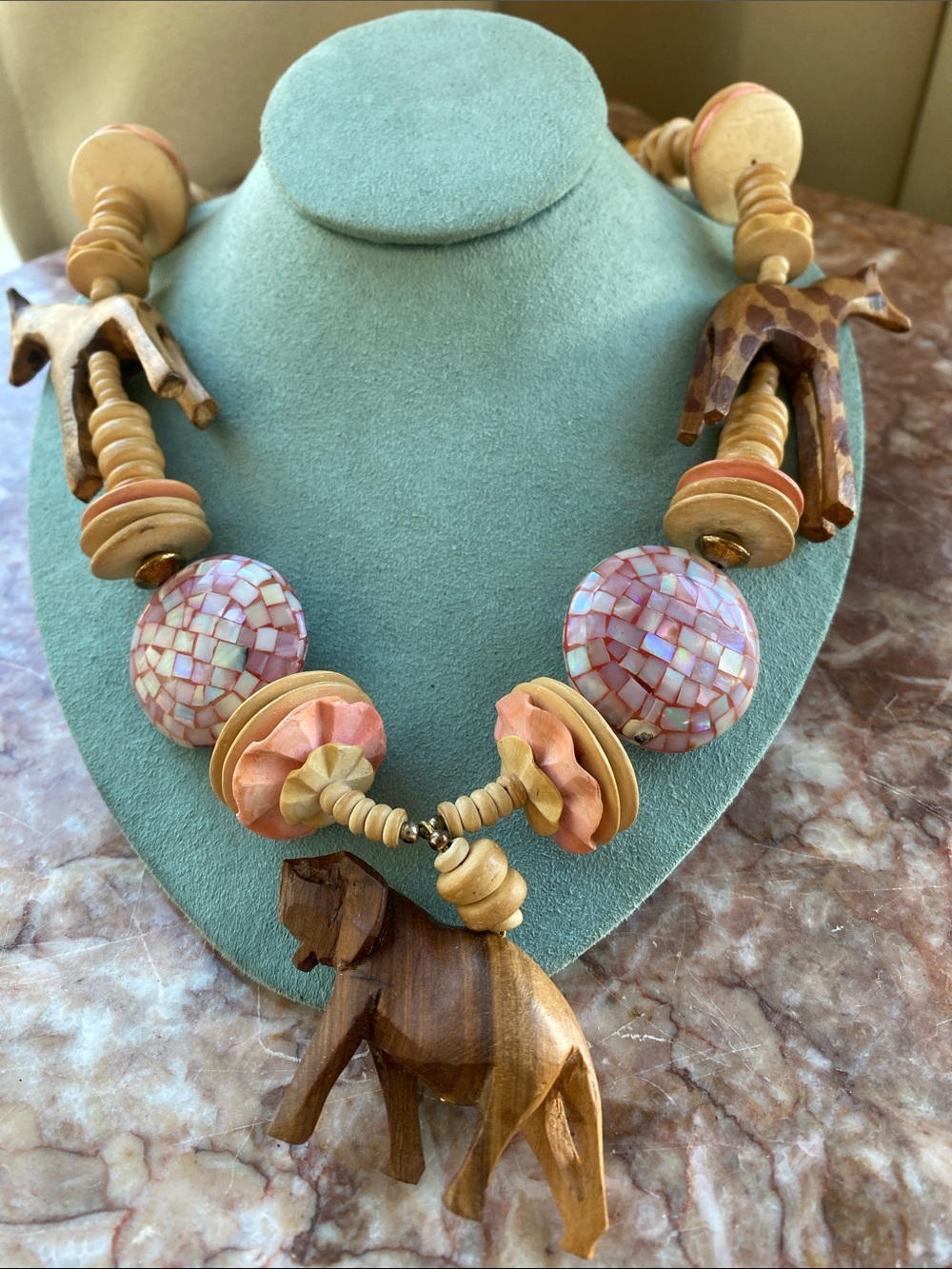 Vintage artisan Safari Natural Wood Elephant Necklace with Pink Mosaic Beads